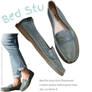 Bed Stu Aunt Ruth Distressed Leather penny loafers green blue slip-on shoes 6